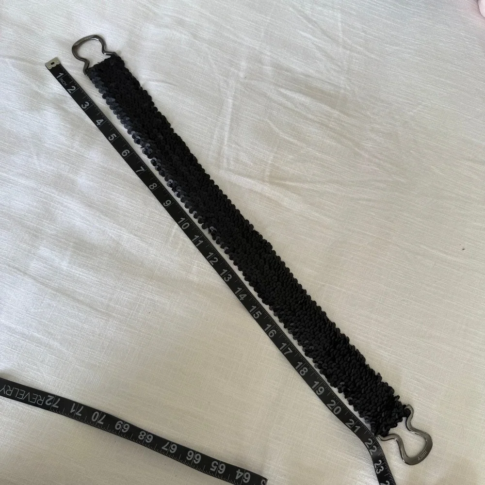 Juicy Couture Black Sequin Elastic Waist Belt Gunmetal Logo Buckle Y2K Glam